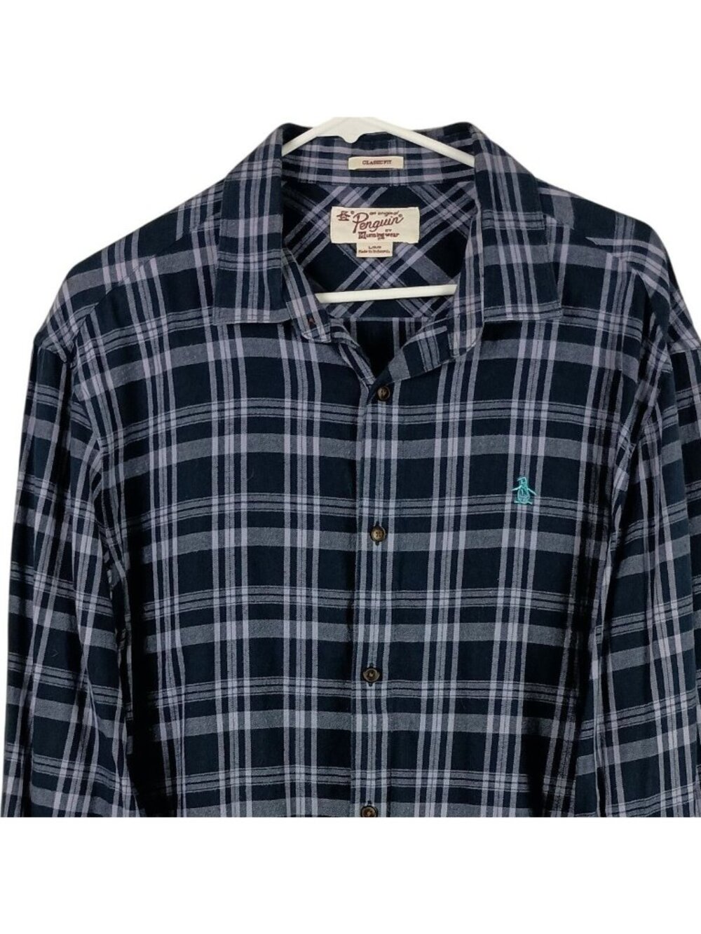 Original Penguin Plaid Flannel Shirt Mens Large Blue Summer Camping Indie Preppy